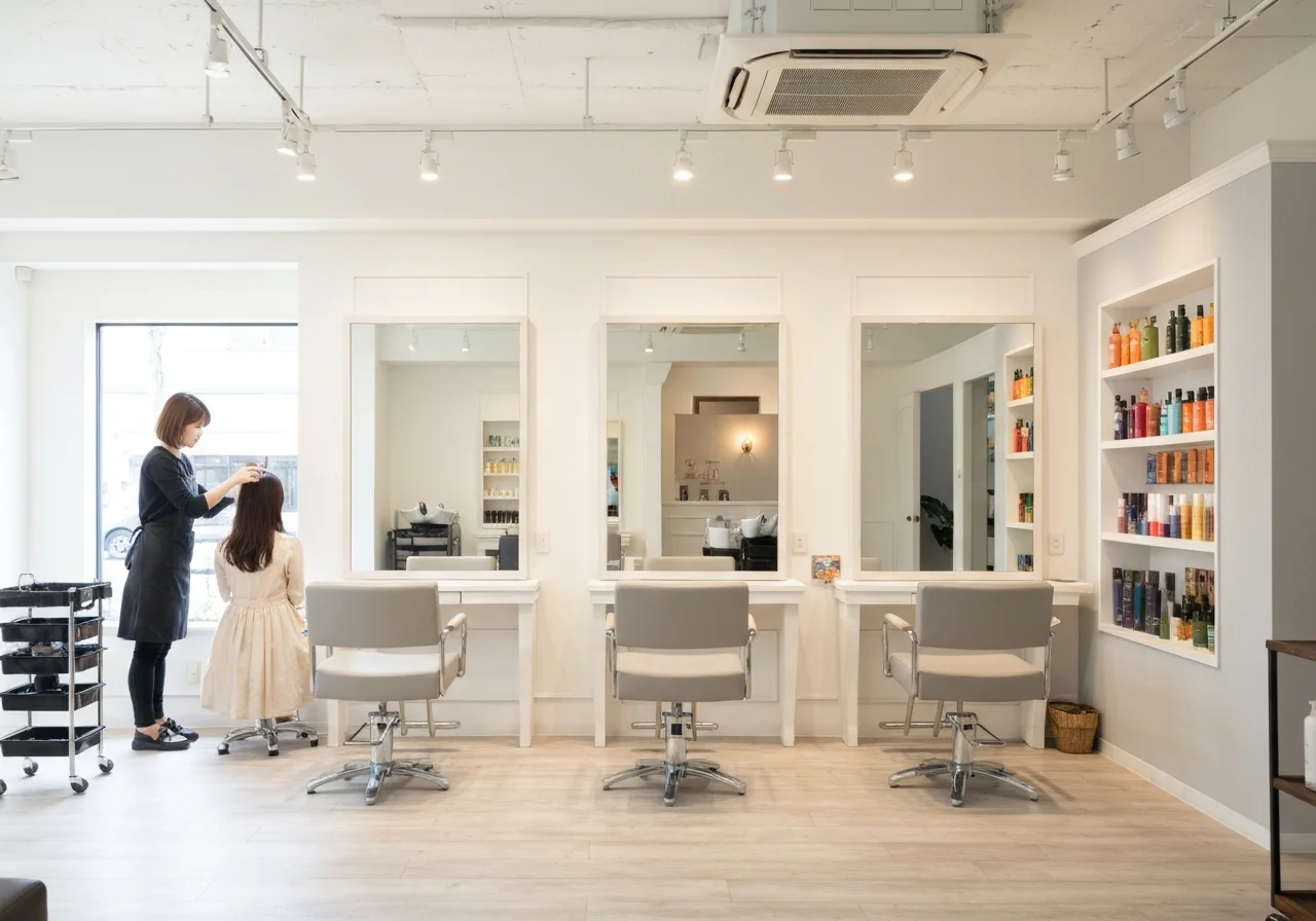 白髪が伸びて分け目と顔まわりの根元が目立つミディアムヘアを後ろ斜めから写した写真