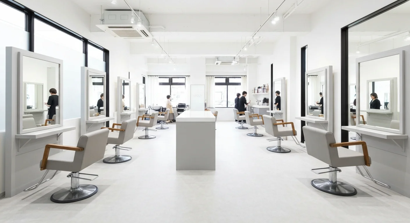 窓から自然光が入る美容室の待合いとセット面を斜めから見た店内全景