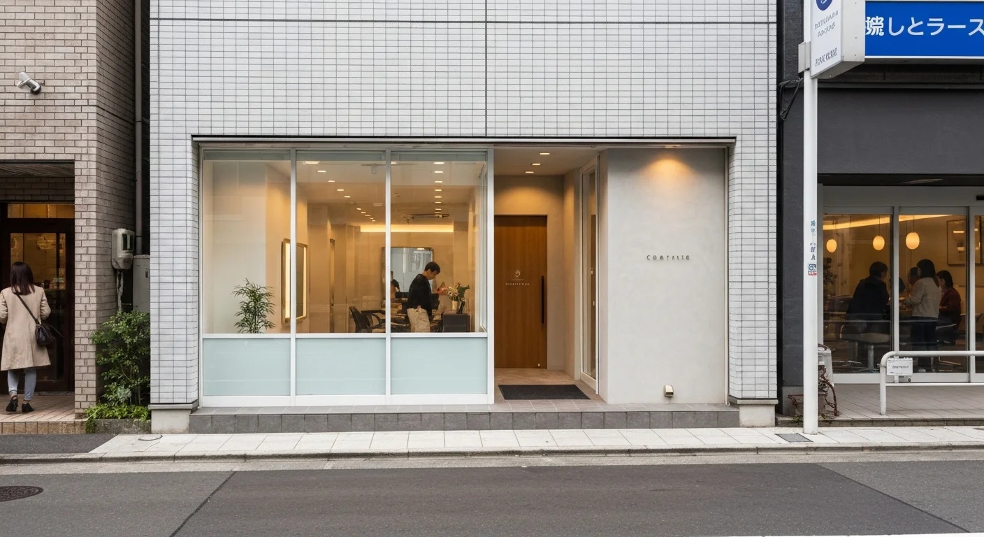 広尾の通りに面した二階建てビルの外観と、美容室が入る入口まわりを斜めから写した写真