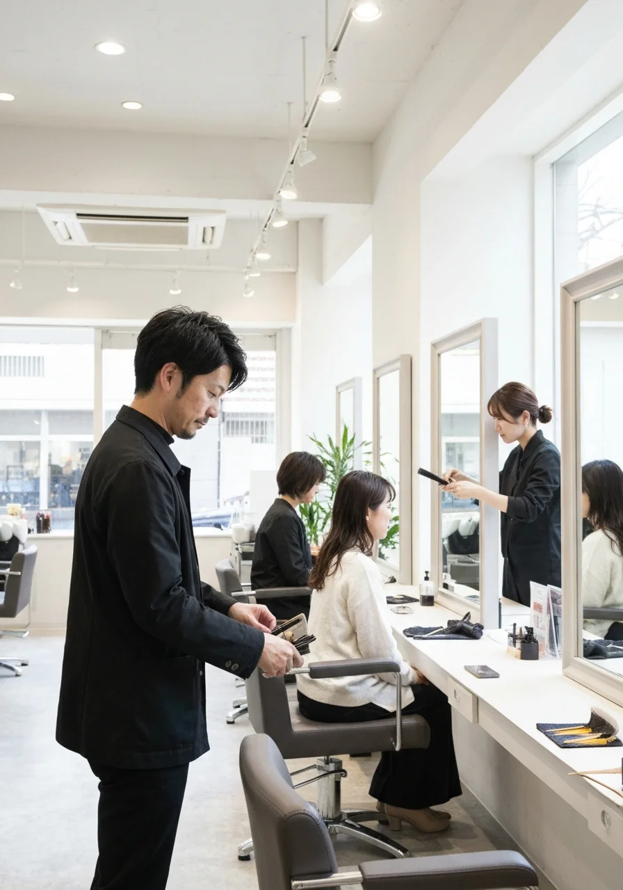 仕上げに毛先の動きを整えながら後頭部の丸みを確認するスタイリストの姿